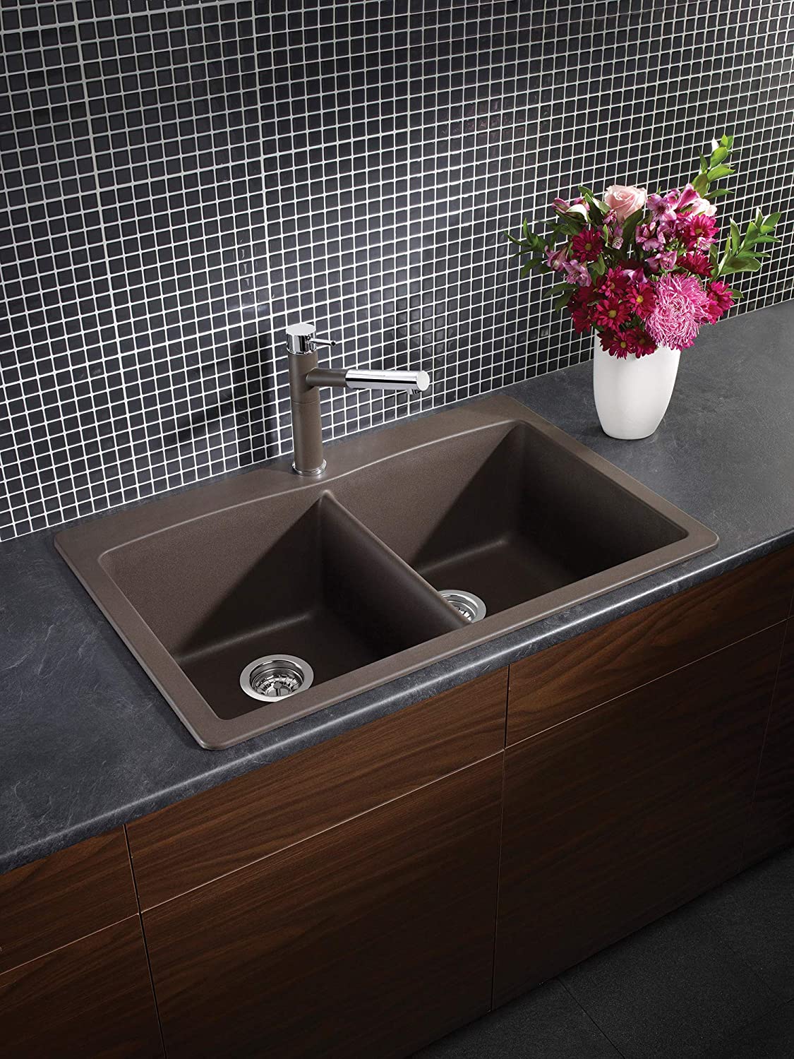 Diamond Equal Double Bowl Drop-In or Undermount Kitchen Sink, 33" X 22" - Cafe Brown
