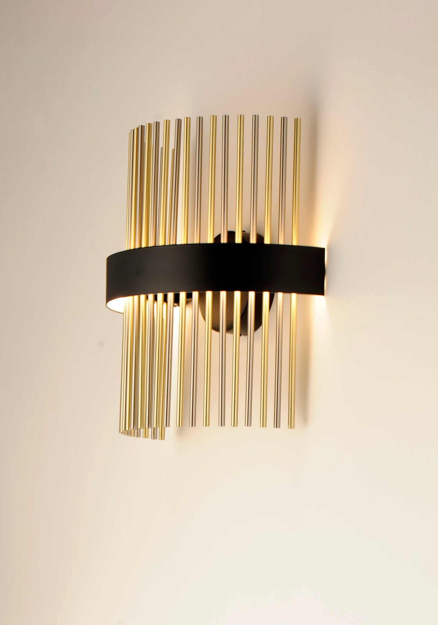 E34201-BKSNSBR - Chimes WiZ 15" Wall Sconce - Black / Satin Nickel / Satin Brass