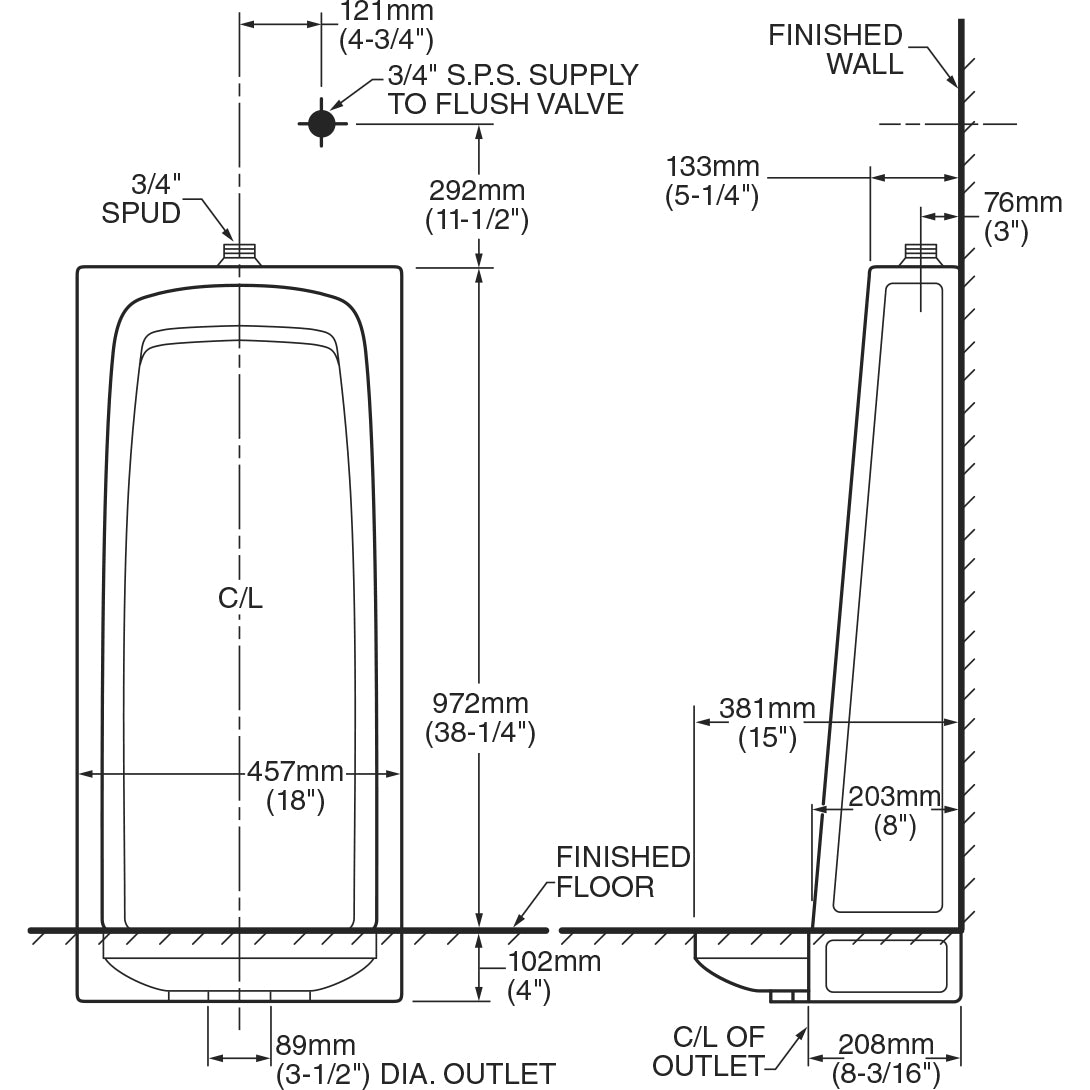 Stallbrook 0.50-1.0 GPF Washout Urinal with 3/4" Spud Size - Urinal and Spud Only