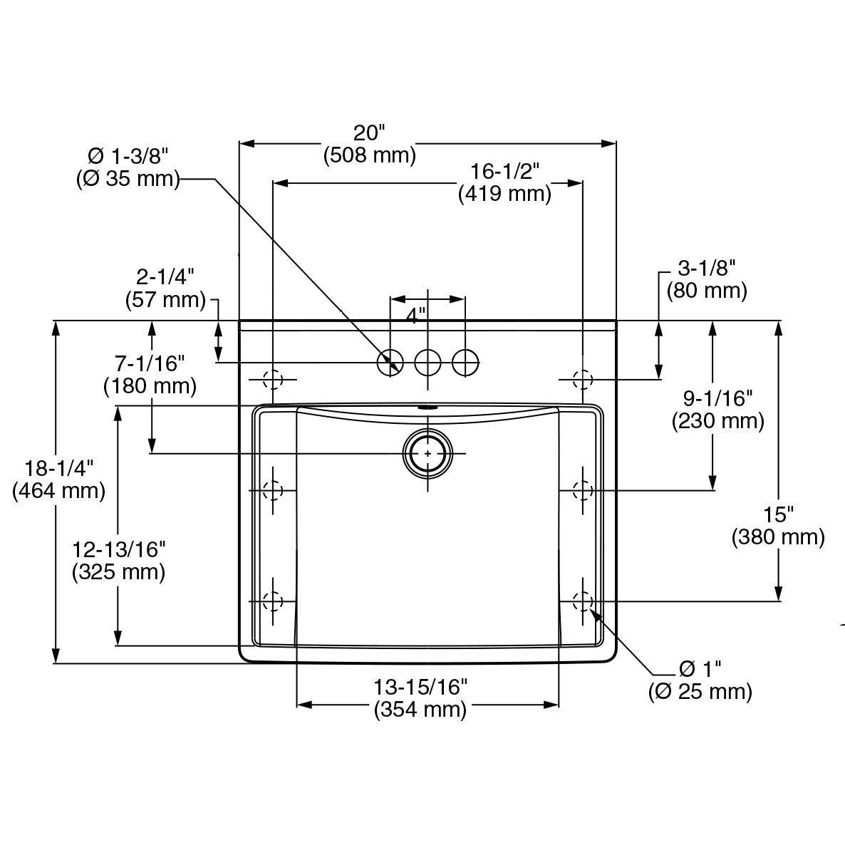 9024004EC.020 - Decorum 20" Wall Hung Bathroom Sink - 4" Centerset - White