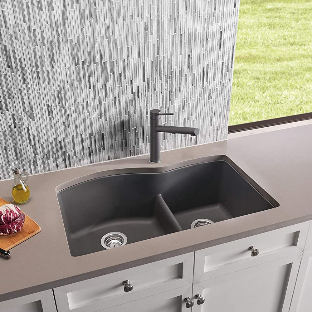 Diamond 1-3/4 Double Bowl Undermount Kitchen Sink with Low Divide, 32" X 21" - Cinder