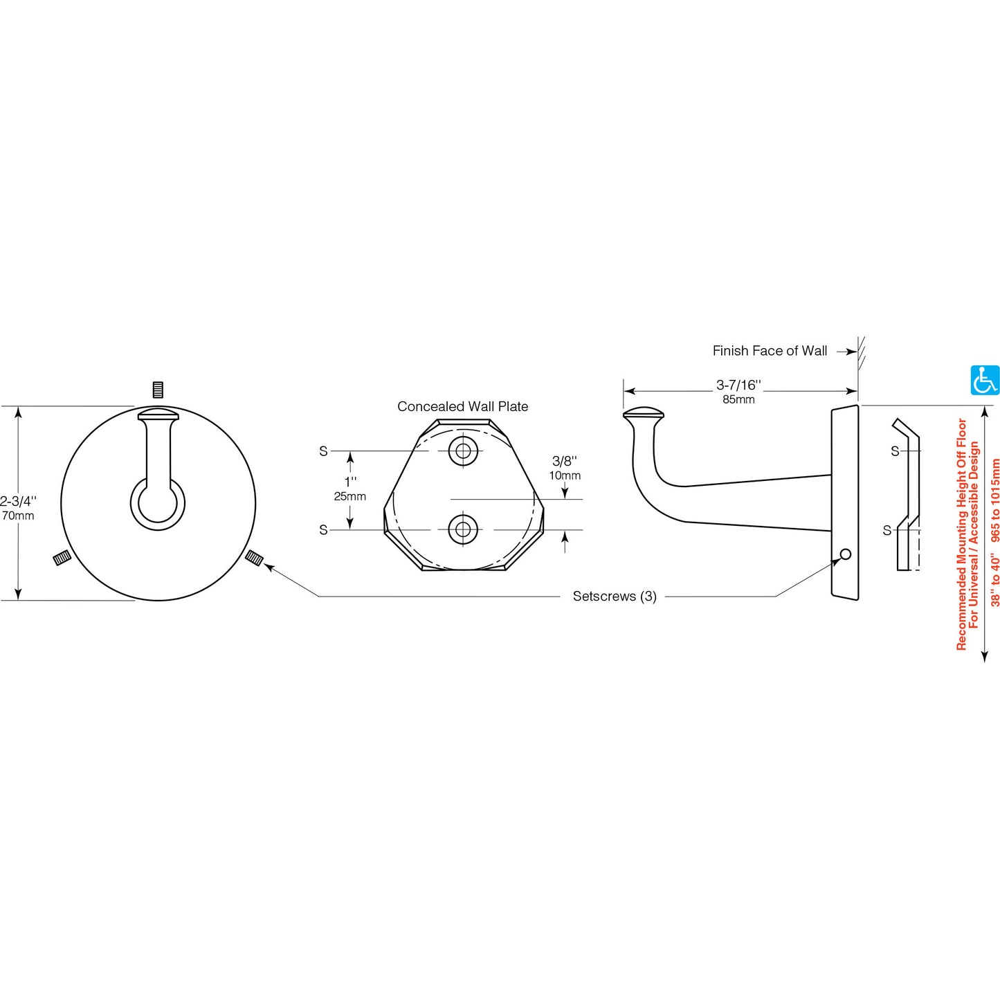 Bobrick 2116 - Heavy-Duty Cast Brass Clothes Hook with Concealed Mounting in Satin Nickel