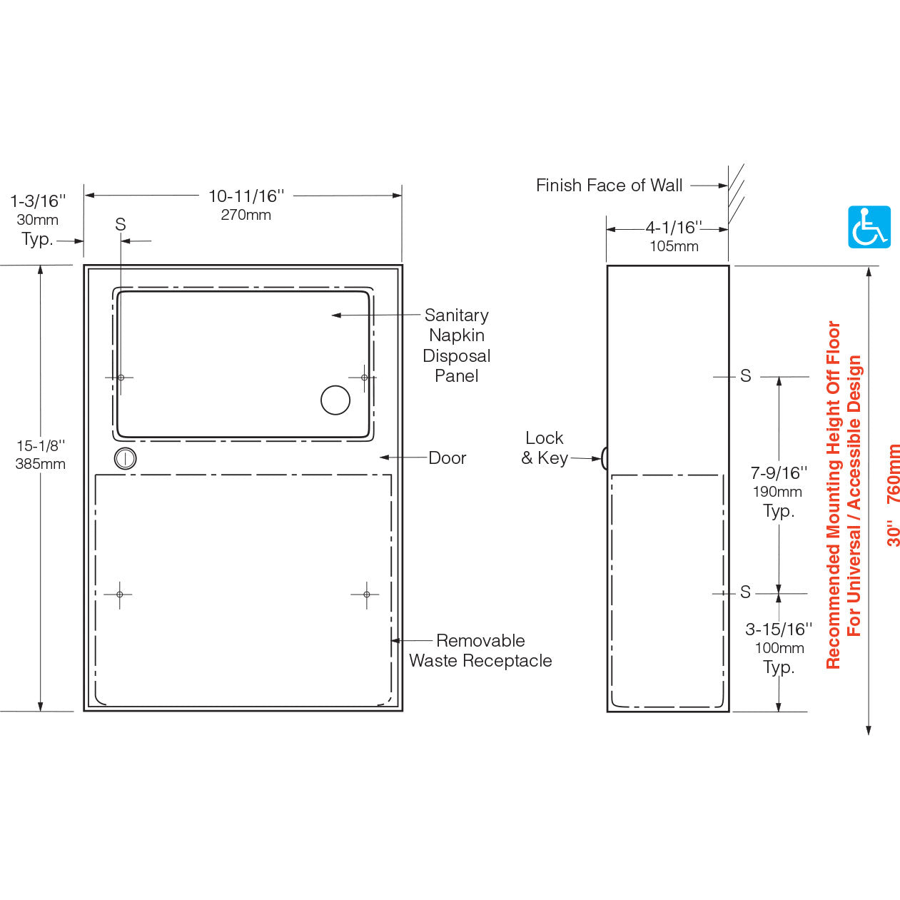 Bobrick 254 - ClassicSeries Surface Mounted Sanitary Napkin Disposal in Satin Stainless Steel