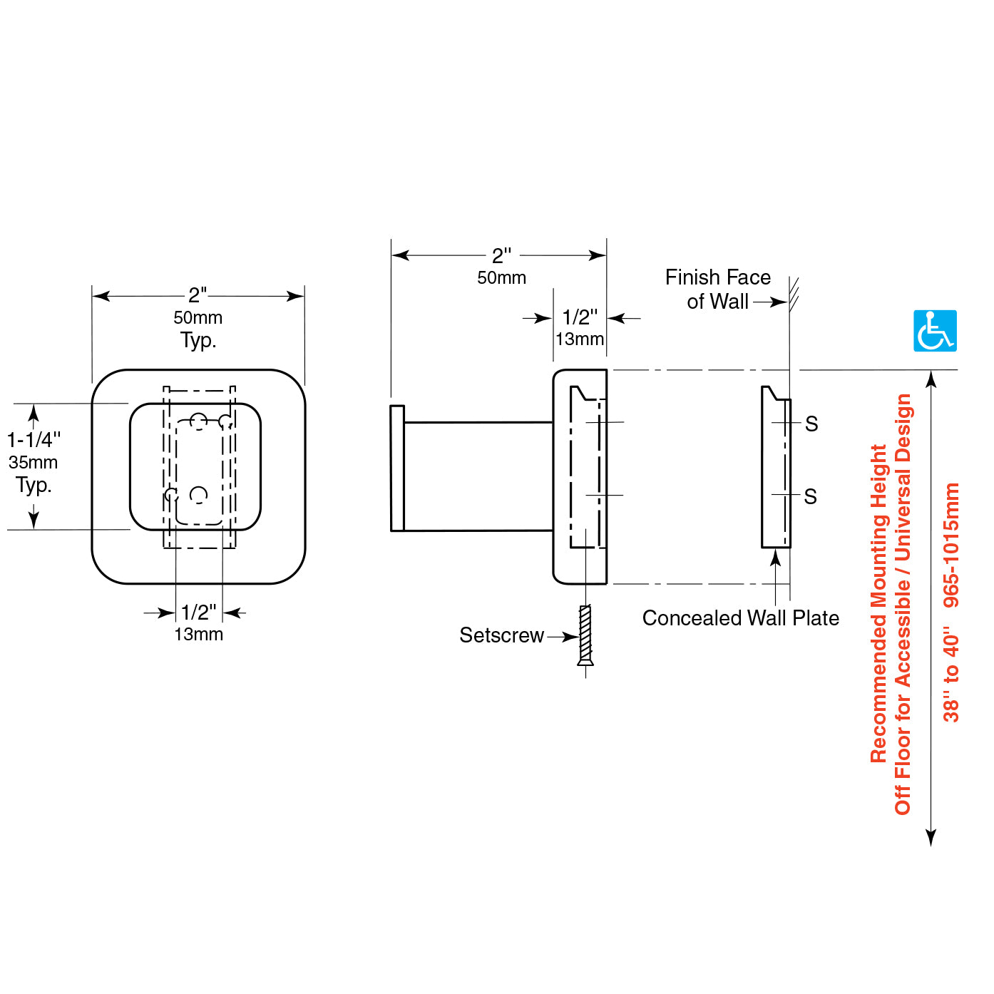 Bobrick 671 - 2" x 2" Robe Hook in Polished Stainless Steel - 2" Projection