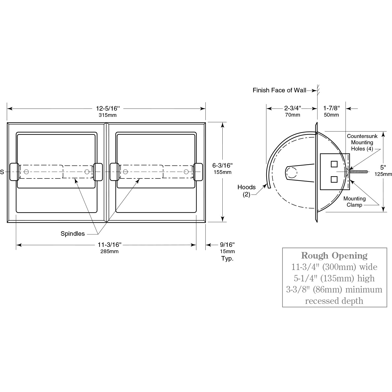 Bobrick 6997 - Recessed Dual-Roll Toilet Tissue Dispenser with Hoods in Satin Stainless Steel