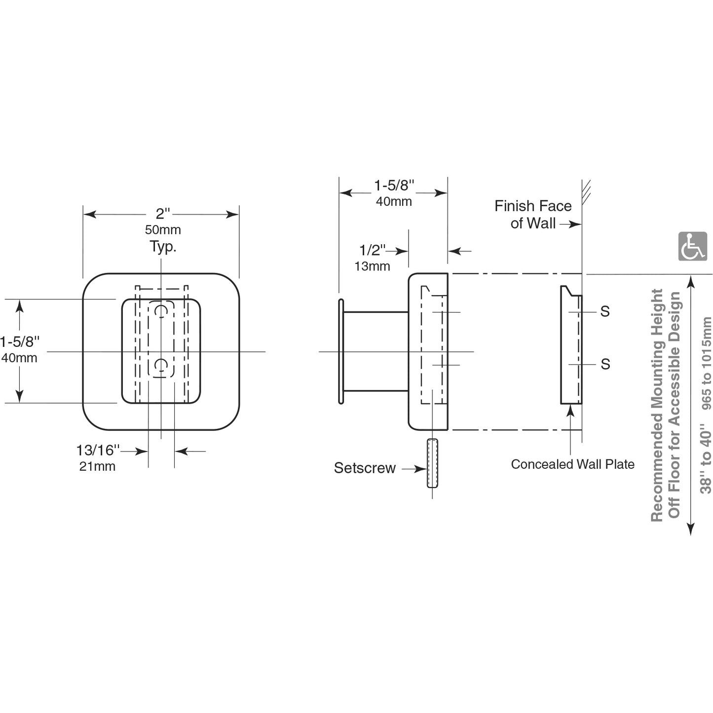 Bobrick 76717 - 2" x 2" Robe Hook in Satin Stainless Steel - 1-5/8" Projection