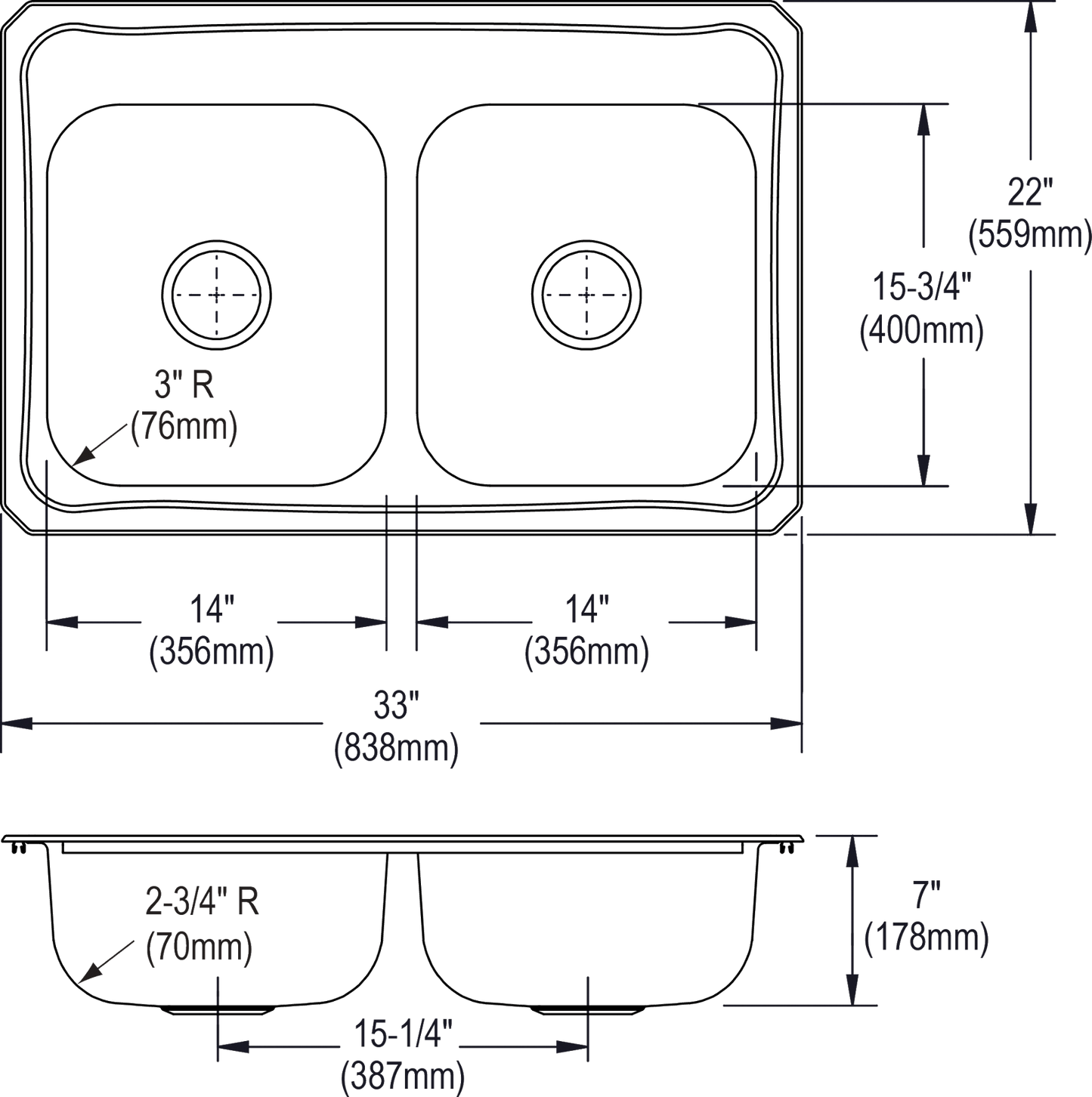 Elkay CR33223 - Elkay Celebrity Stainless Steel 33" x 22" x 7", Equal Double Bowl Drop-in Sink