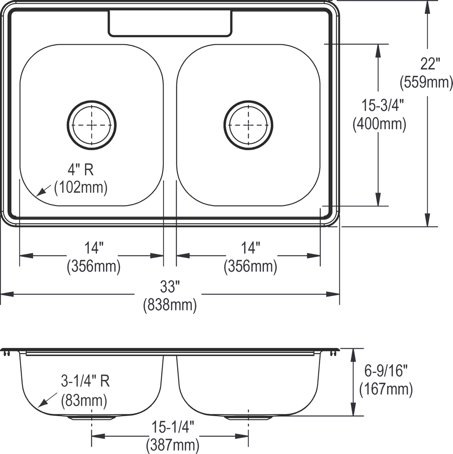 Elkay D233224 - D233224 Dayton Stainless Steel 33" x 22" x 6-9/16", Equal Double Bowl Drop-in Sink