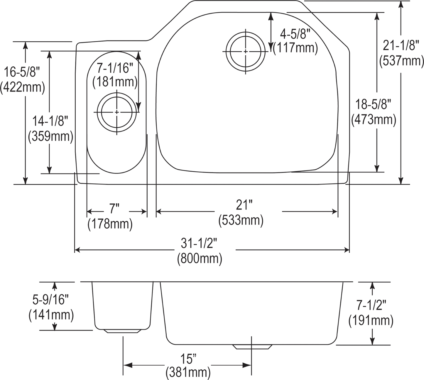 Elkay ELUH3221L - Elkay Lustertone Classic Stainless Steel, 31-1/2" x 21-1/8" x 7-1/2", 30/70 Offset