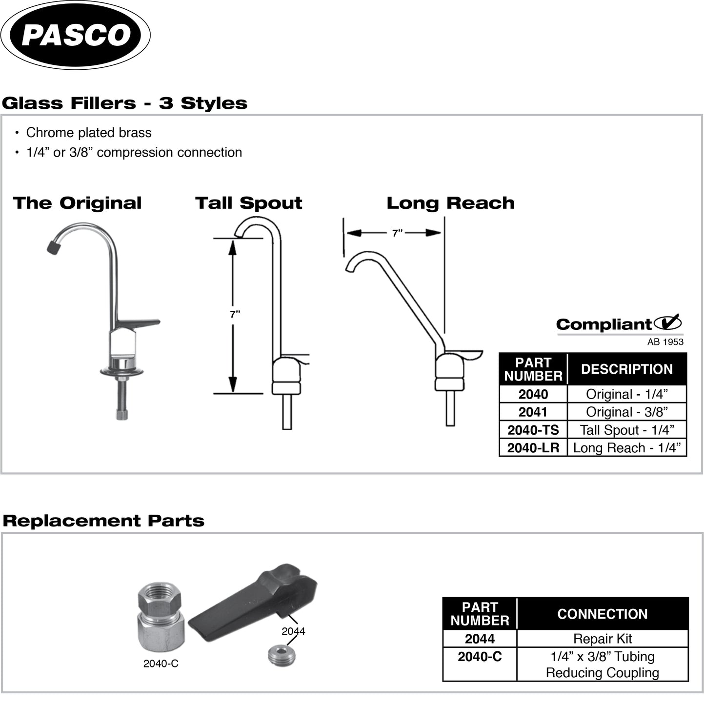 Commercial Glass Filler Faucet in Chrome - 1/4"