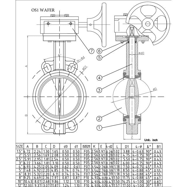 OS1-080-8CF8-GO - 8" OS Series Wafer Butterfly Valve - SS Disc - EPDM Seat - Gear
