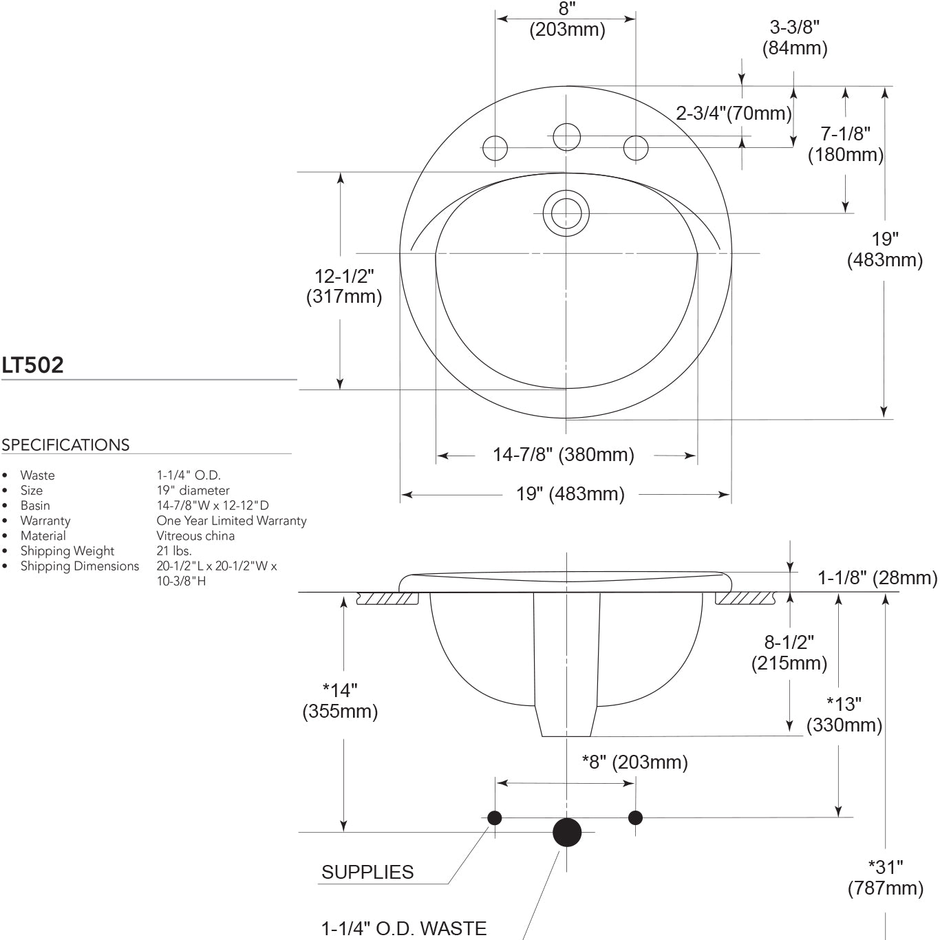 Toto LT502.4#01 - 19" Round Self Rimming Bathroom Sink, 4" Faucet Centers - Cotton White