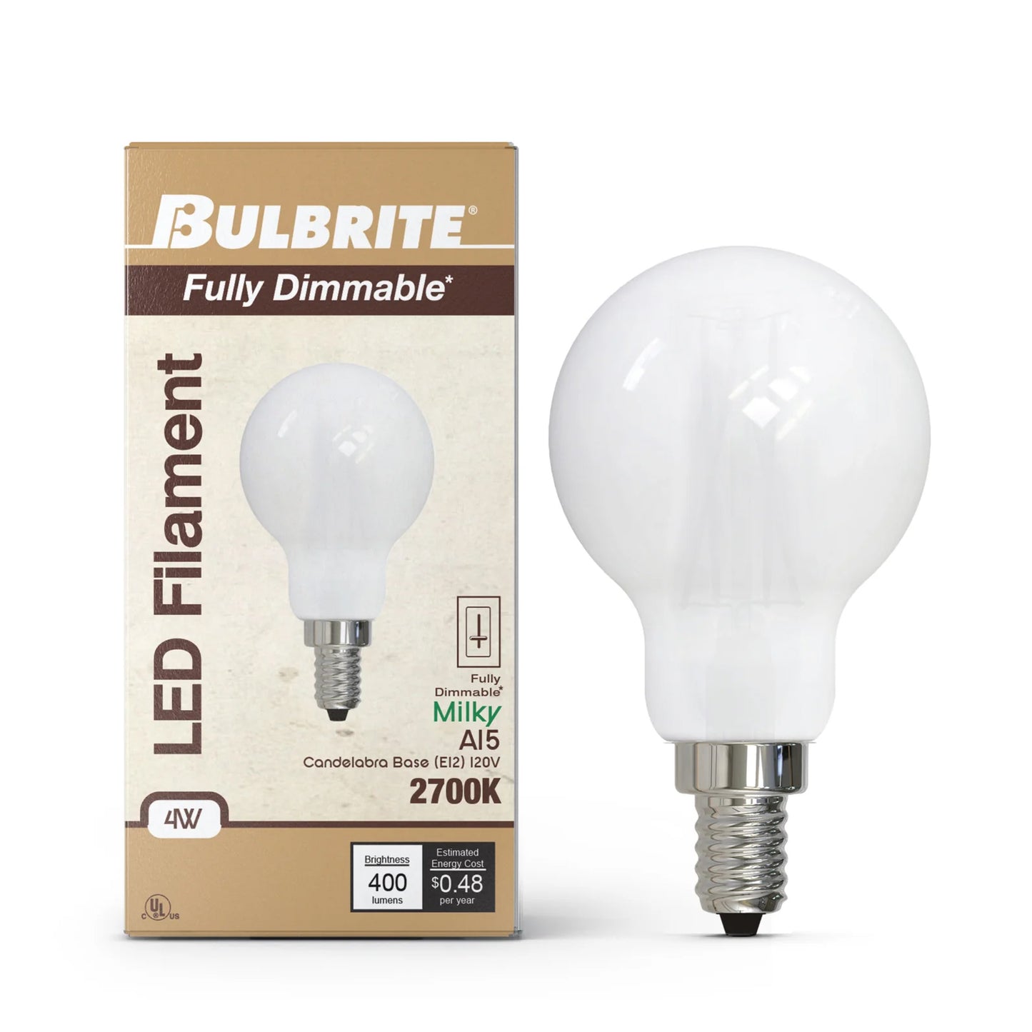 776828 - Filaments Dimmable A15 Milky Glass Candelabra Base - 4 Watt - 3000K - 4 Pack