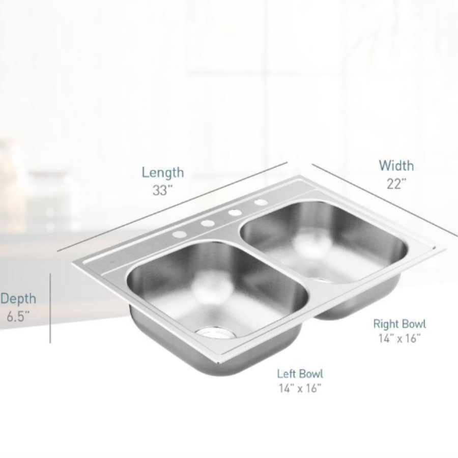 G222164 - 2200 Series - 33" Drop In Double Basin Stainless Steel Kitchen Sink - 4 Faucet Holes - Center Drains