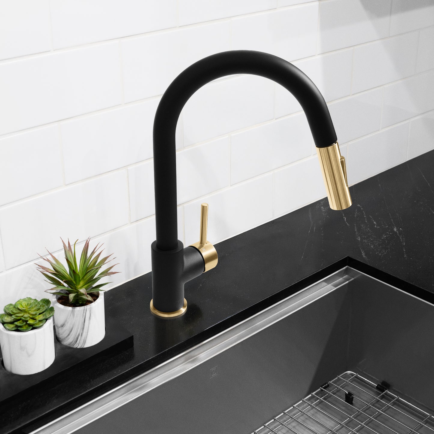 GEM-KF-ZMBCB - Autograph Edition Gemini Pull Down Single Handle Kitchen Faucet in Matte Black and Champagne Bronze
