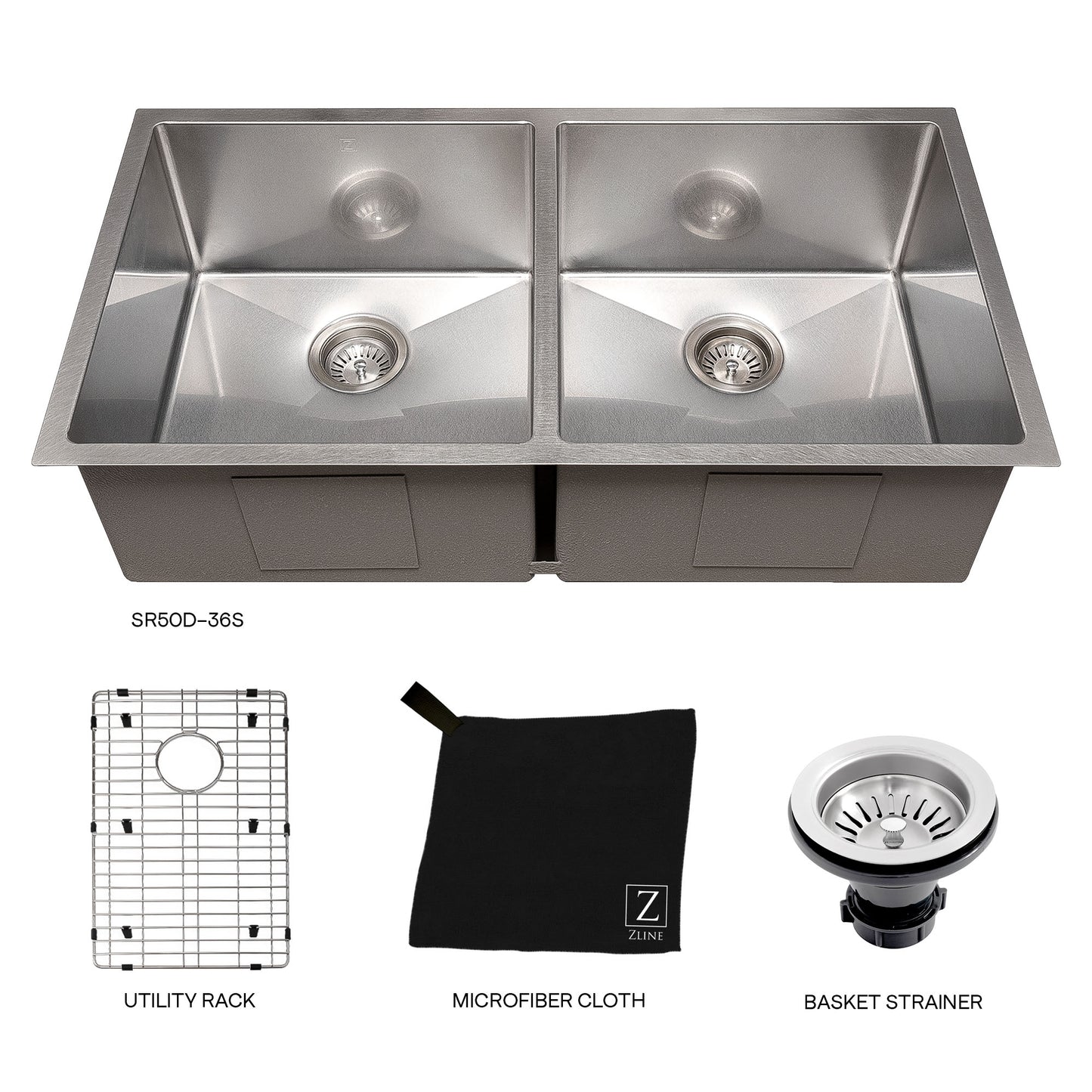 SR50D-36S - 36" Anton Undermount Double Bowl Satin Stainless Steel Kitchen Sink with Bottom Grid