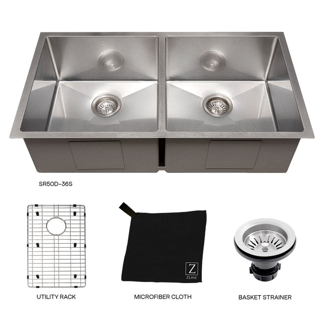 SR50D-36S - 36" Anton Undermount Double Bowl Satin Stainless Steel Kitchen Sink with Bottom Grid