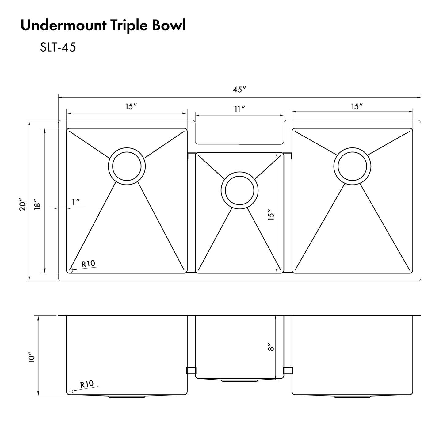 SLT-45 - 45" Breckenridge Undermount Triple Bowl Stainless Steel Kitchen Sink with Bottom Grid and Accessories
