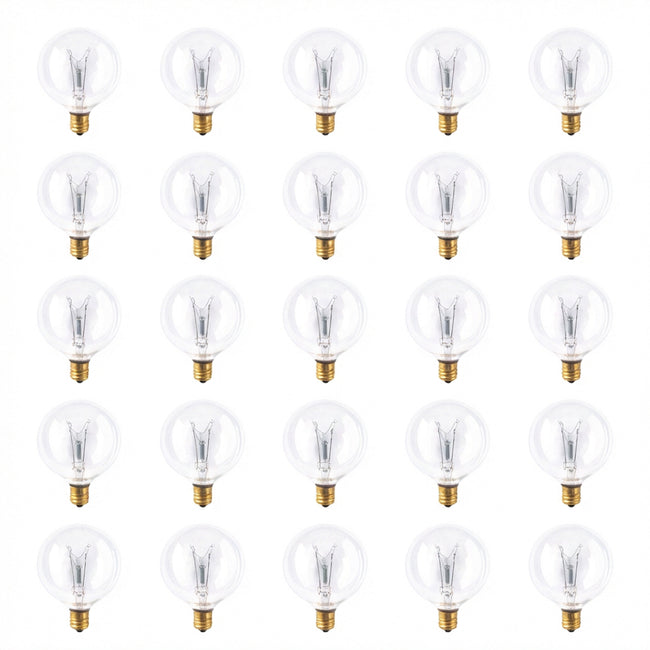 391115 - Dimmable Clear G16.5 Incandescent Candelabra Light Bulb - 15 Watt - 2700K - 25 Pack