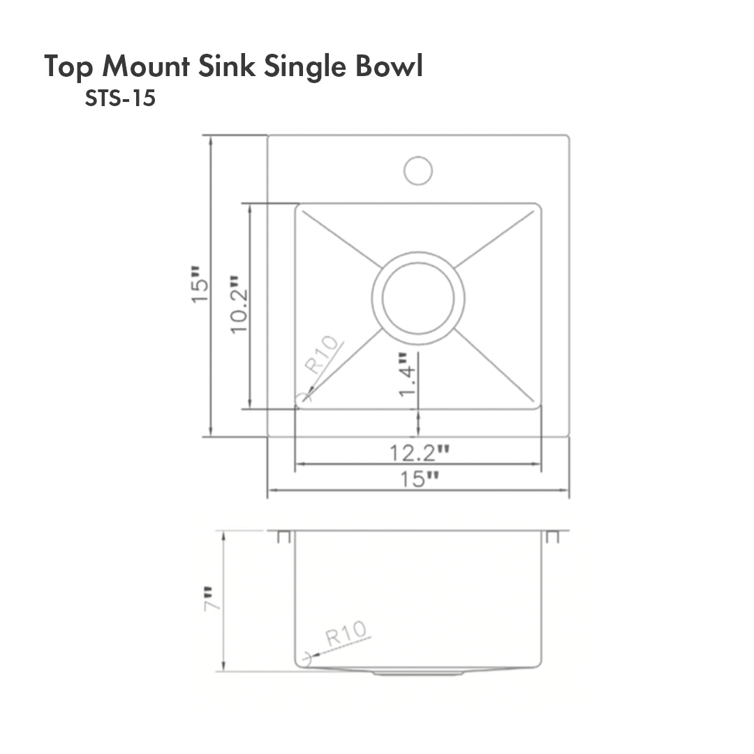 STS-15 - 15" Donner Topmount Single Bowl Bar Kitchen Sink in Stainless Steel