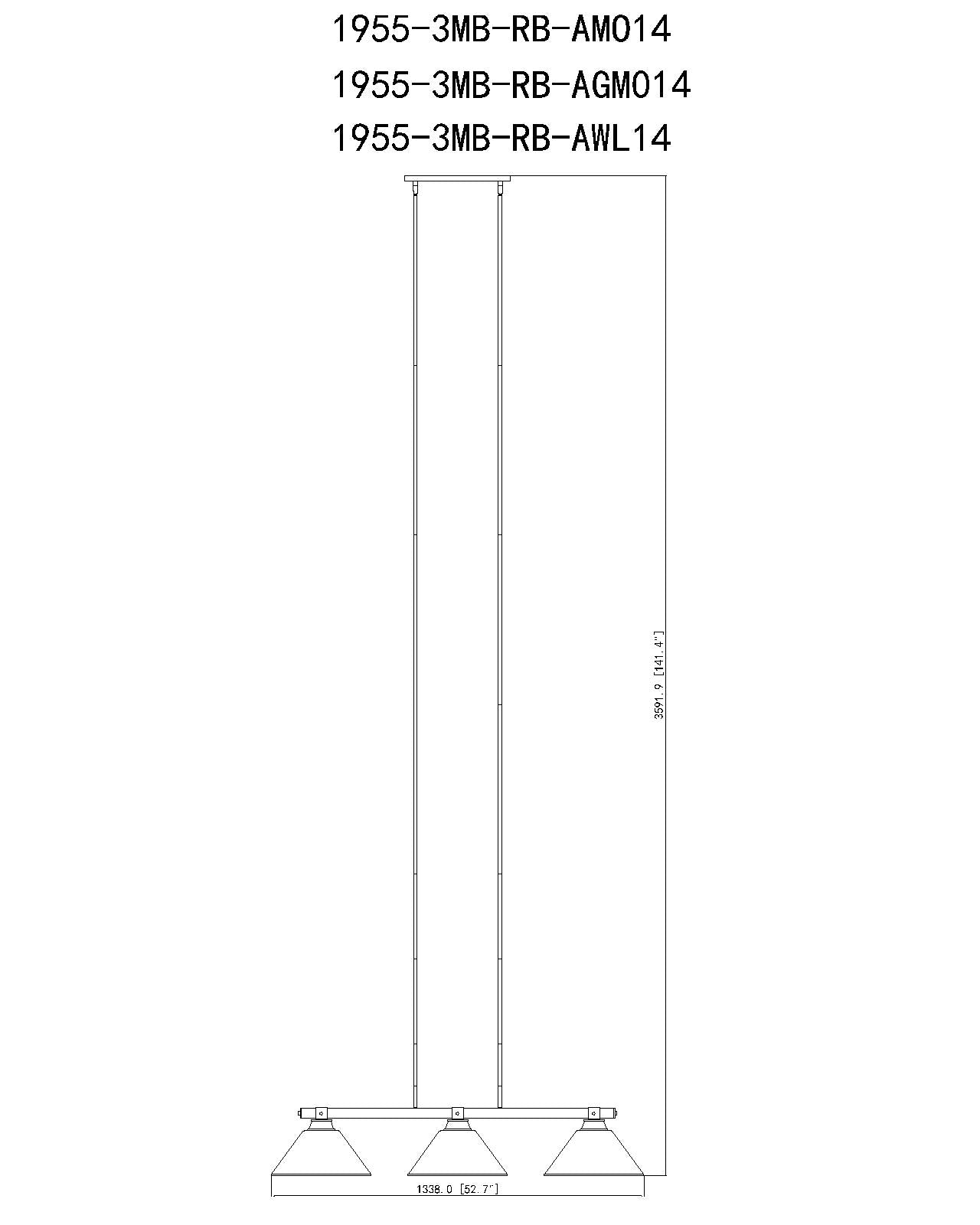 1955-3MB-RB-AMO14 - Bronte 3 Light 53" Billiard - Matte Black / Rubbed Brass