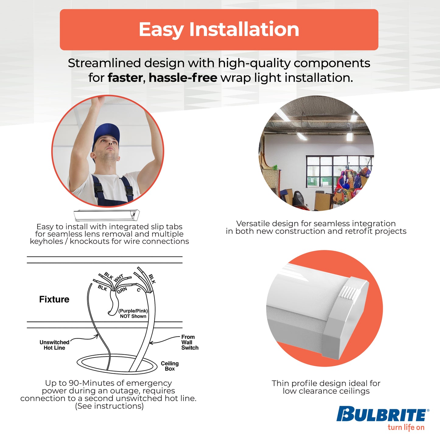 773504 - 2 ft. 3000K LED Dimmable Wraparound Light W/ Battery Backup (120-277v), 2300 Lumens, White