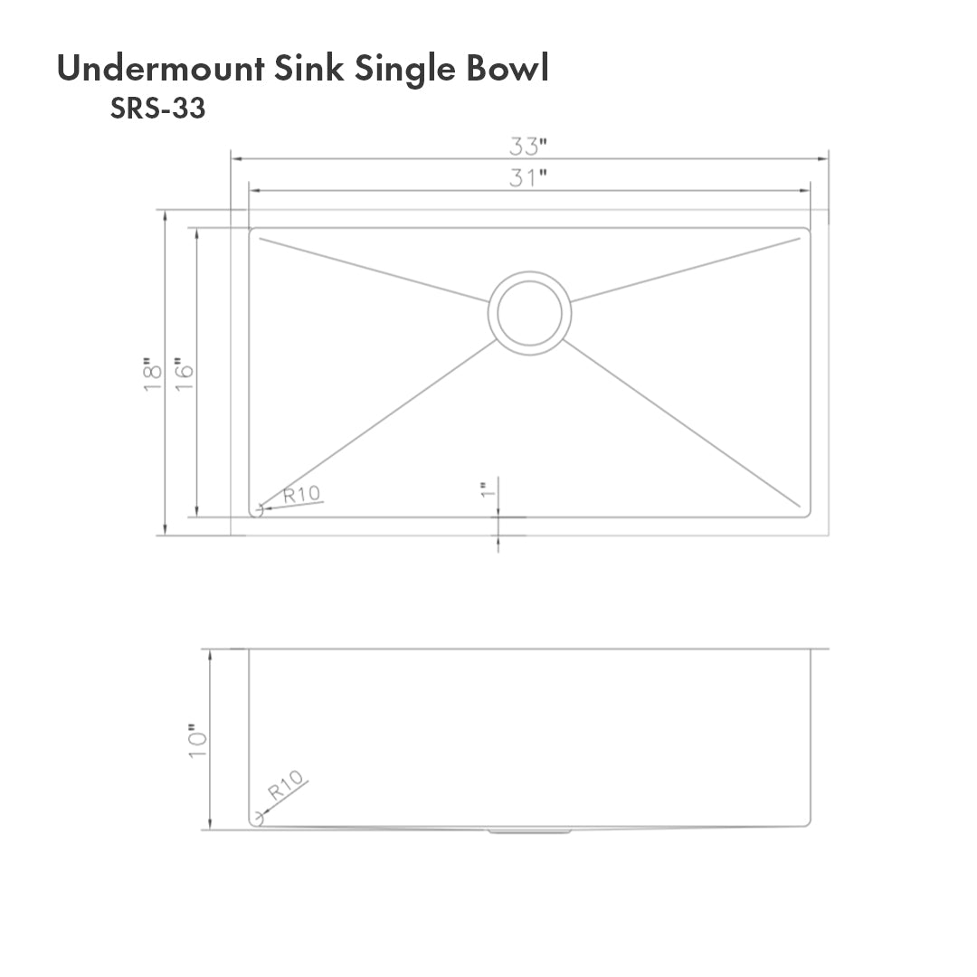 SRS-33 - 33" Meribel Undermount Single Bowl Stainless Steel Kitchen Sink with Bottom Grid