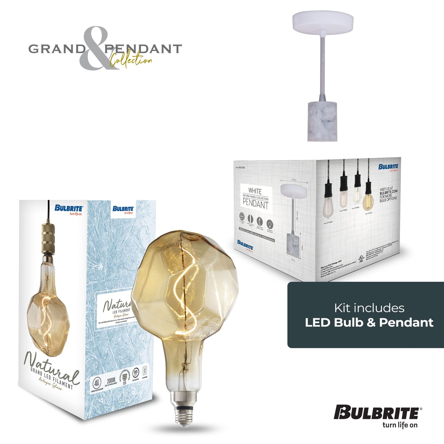 776318 - 4 Watt LED JEWEL NATURAL SHAPED GRAND 2200K FILAMENT W/ WHITE MARBLE PENDANT WITH WHITE STRING