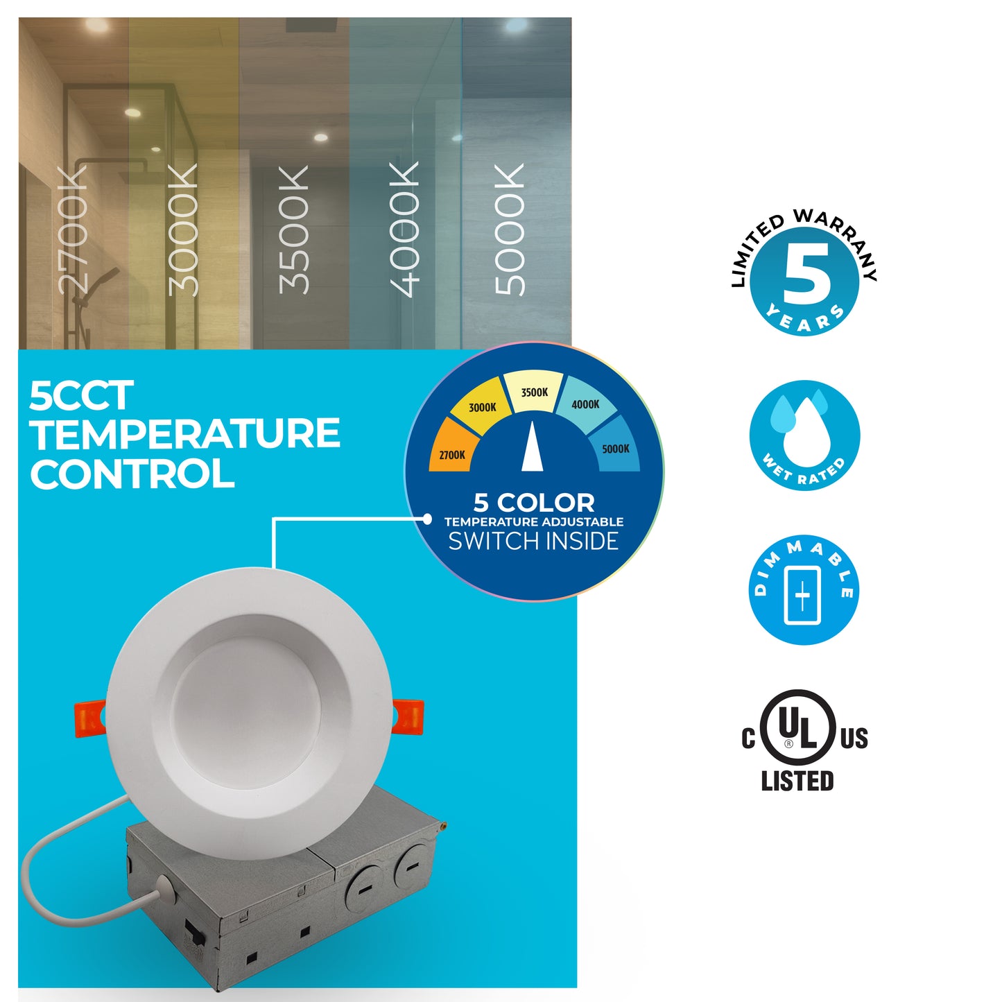 773302 - LED 6" Round Recessed Downlight Fixture with Metal Jbox, 75 Watt Equivalent, 5 CCT - 27/30/35/40/50K