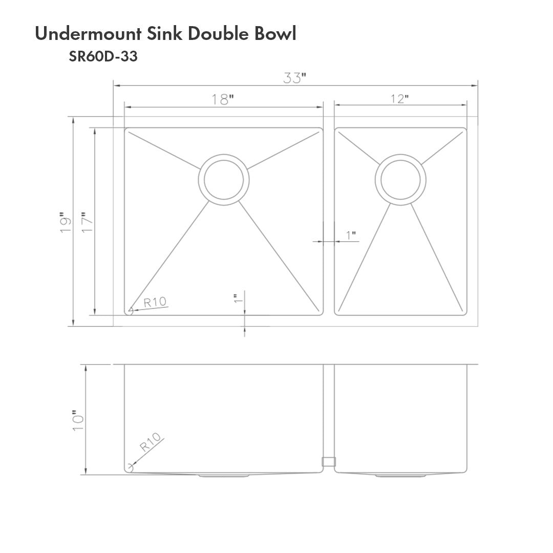 SR60D-33 - 33" Chamonix Undermount Double Bowl Stainless Steel Kitchen Sink with Bottom Grid
