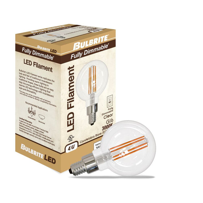 776744 - Filaments Dimmable G16 Clear Candelabra Base LED Light Bulb - 4 Watt - 3000K - 4 Pack