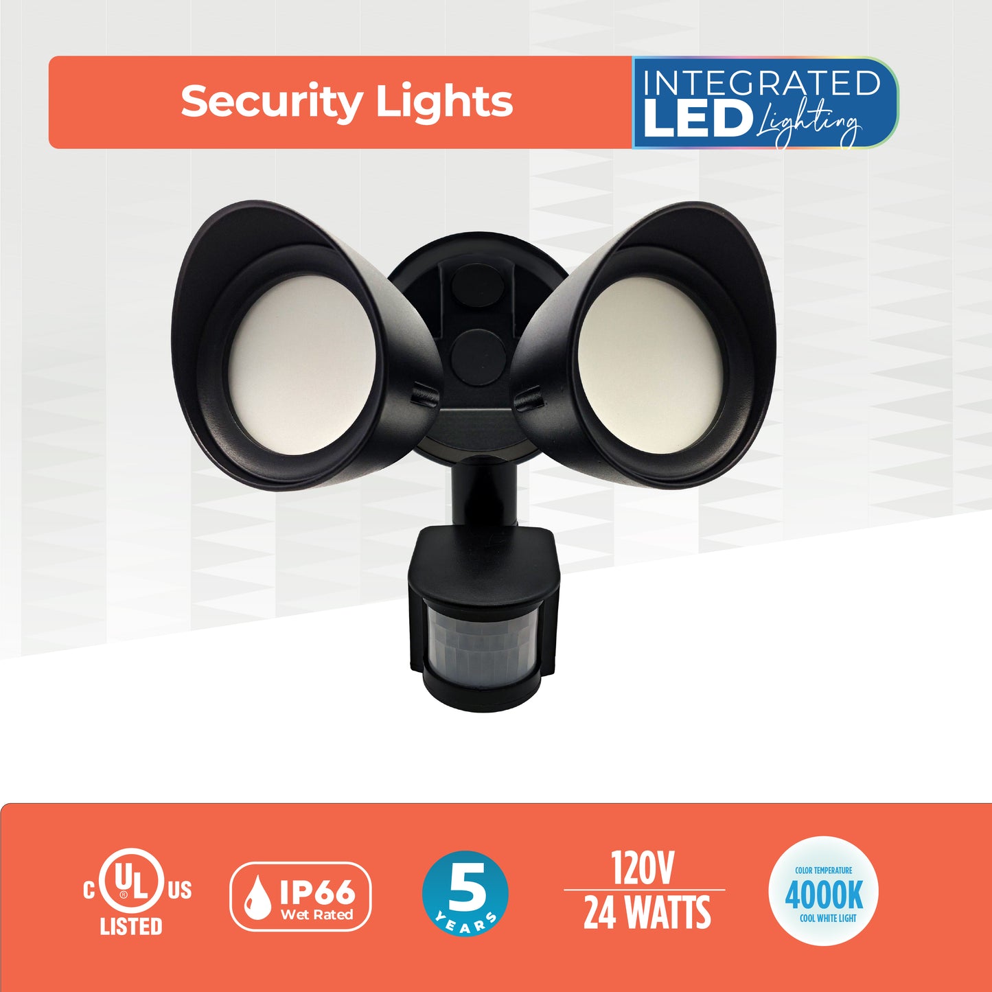 773703 - Motion Sensor / Dusk-To-Dawn Wired Outdoor 2-Head LED Security Flood Light, Black Finish
