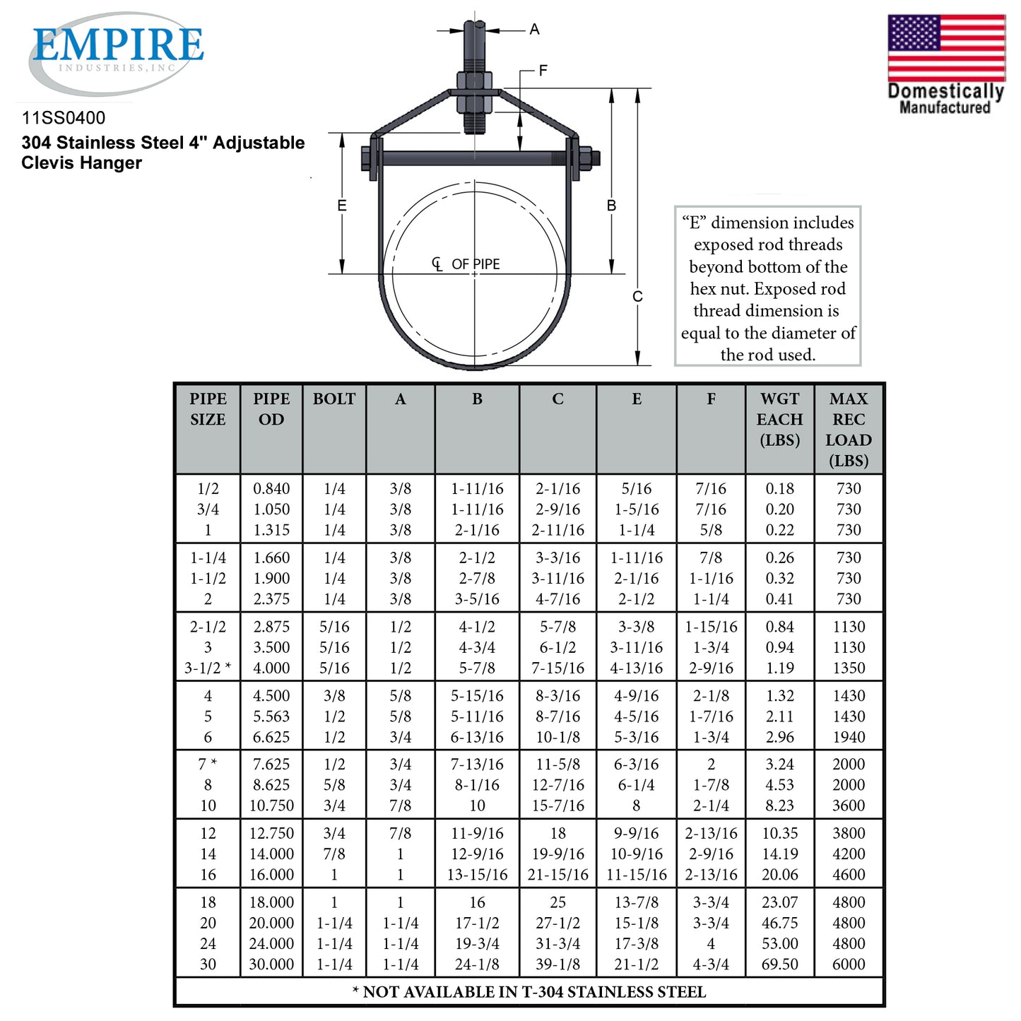 1-1/2" 304 Stainless Steel Clevis Hanger