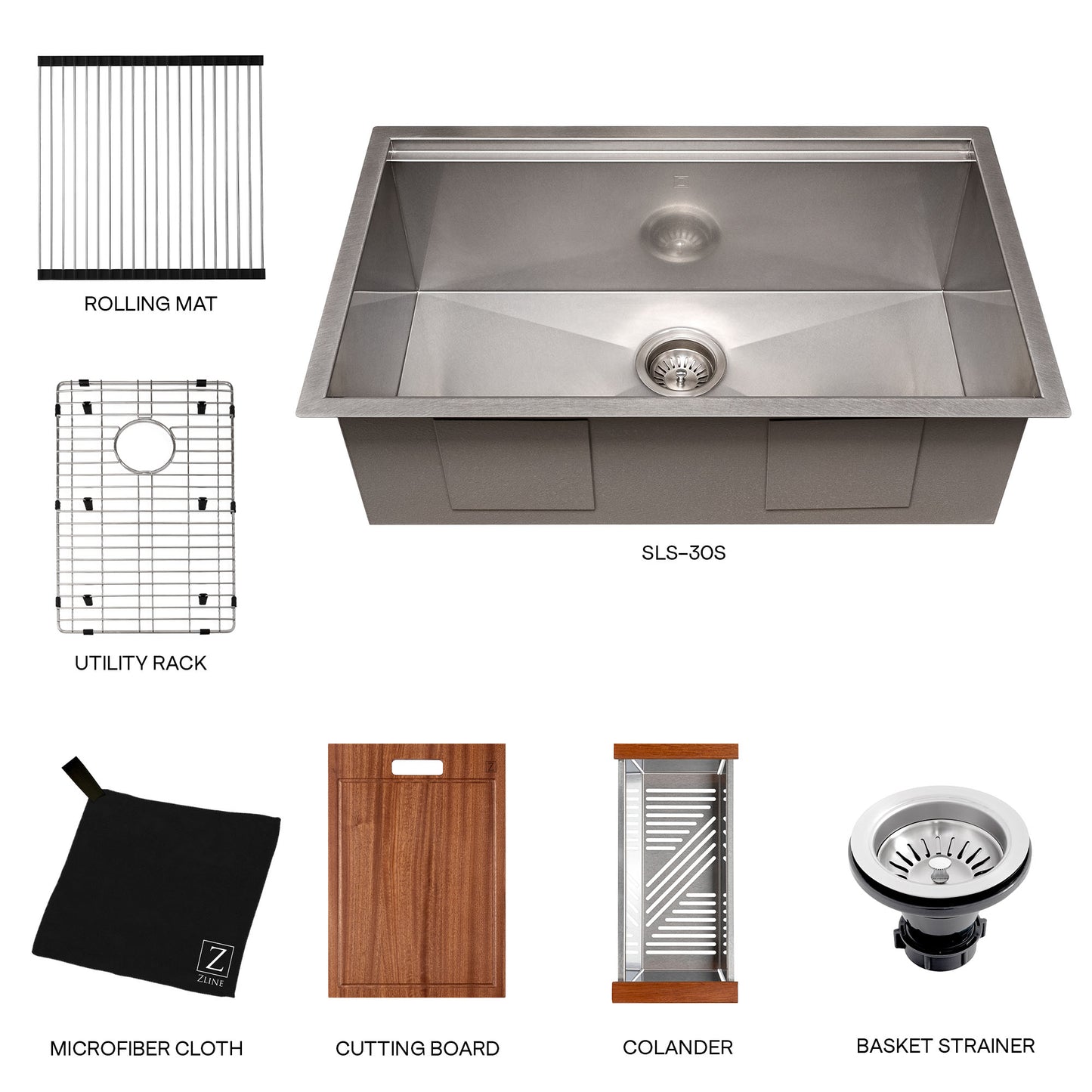 SLS-33S - 33" Garmisch Undermount Single Bowl Satin Stainless Steel Kitchen Sink with Bottom Grid and Accessories