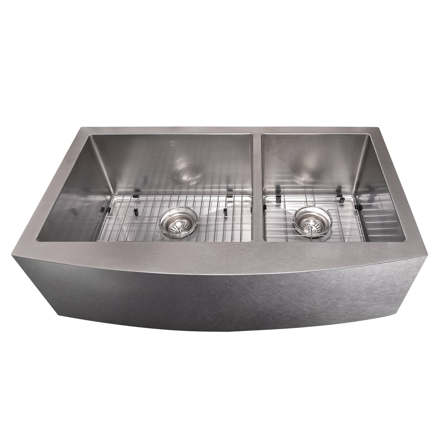 SA60D-36S - 36" Courchevel Farmhouse Apron Mount Double Bowl Satin Stainless Steel Kitchen Sink with Bottom Grid