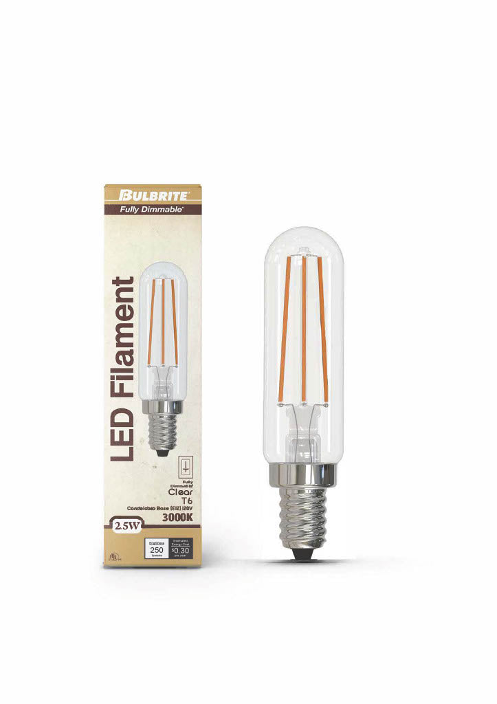 776952 - Dimmable Clear T6 LED Candelabra Light Bulb - 2.5 Watt - 3000K - 3 Pack