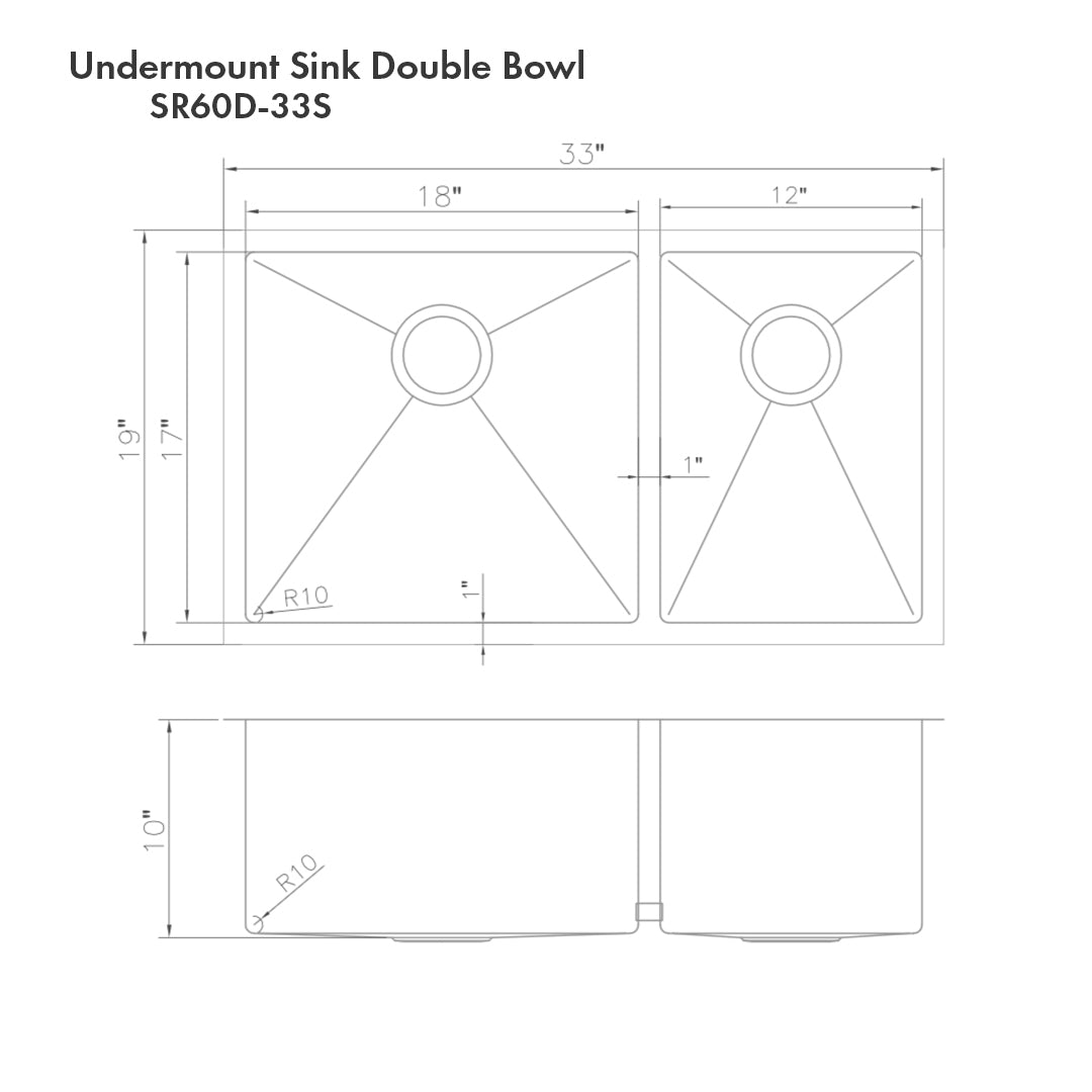 SR60D-33S - 33" Chamonix Undermount Double Bowl Satin Stainless Steel Kitchen Sink with Bottom Grid
