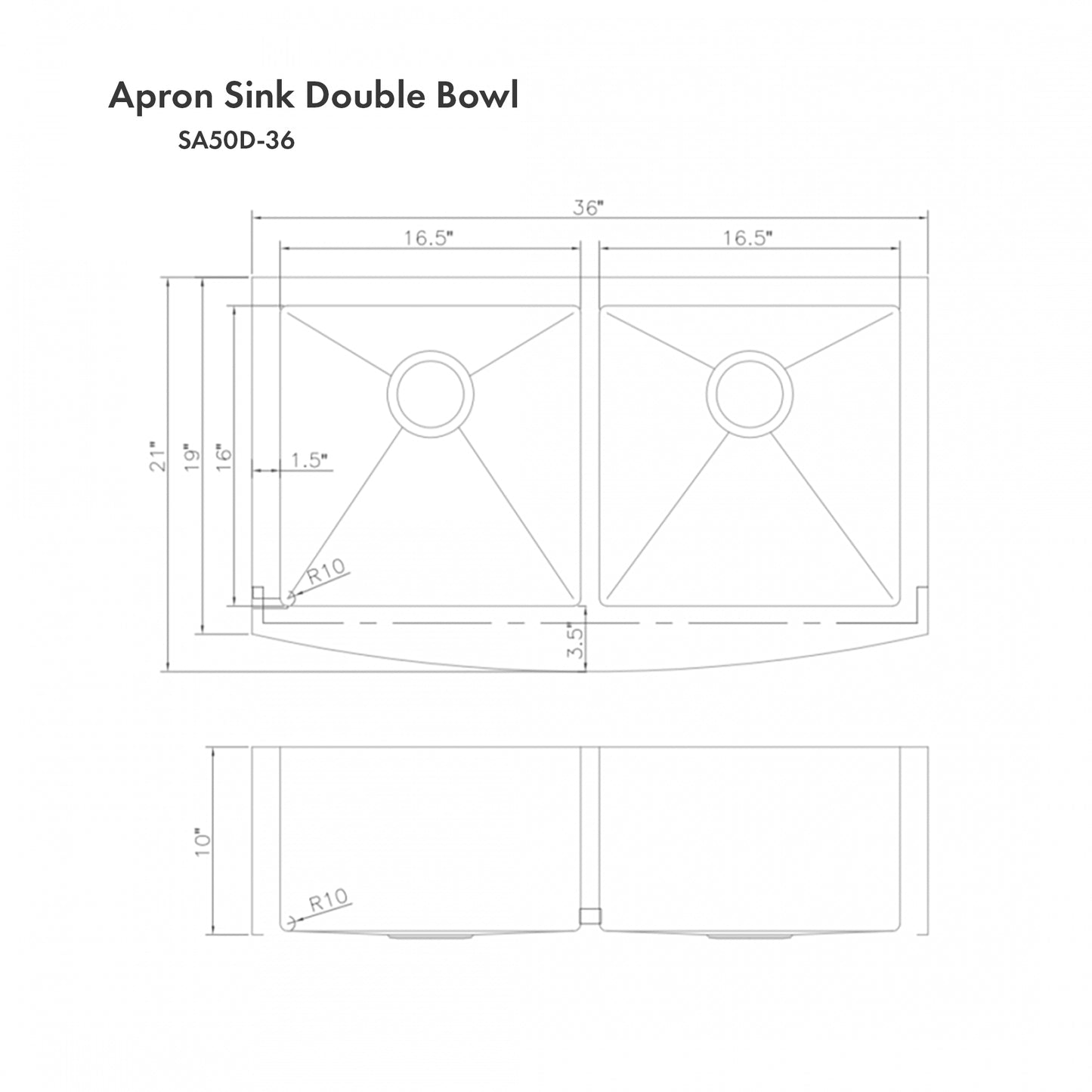 SA50D-36 - 36" Niseko Farmhouse Apron Mount Double Bowl Stainless Steel Kitchen Sink with Bottom Grid