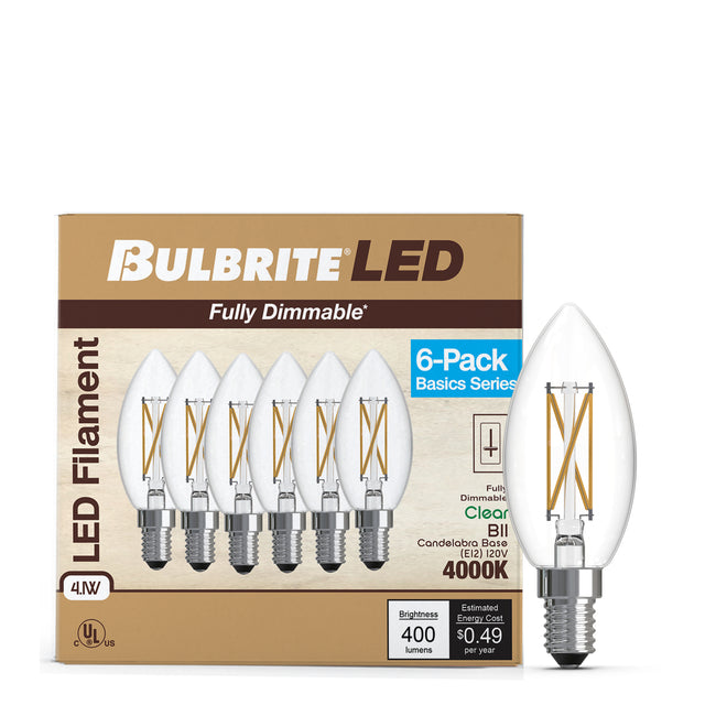 776231 - Filaments Dimmable Clear Glass B11 LED Light Bulb - 4.1 Watt - 4000K - 6 Pack