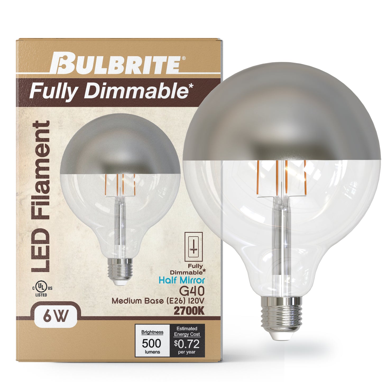 776920 - Dimmable Half Chrome G40 LED Light Bulb - 6 Watt - 2700K - 4 Pack