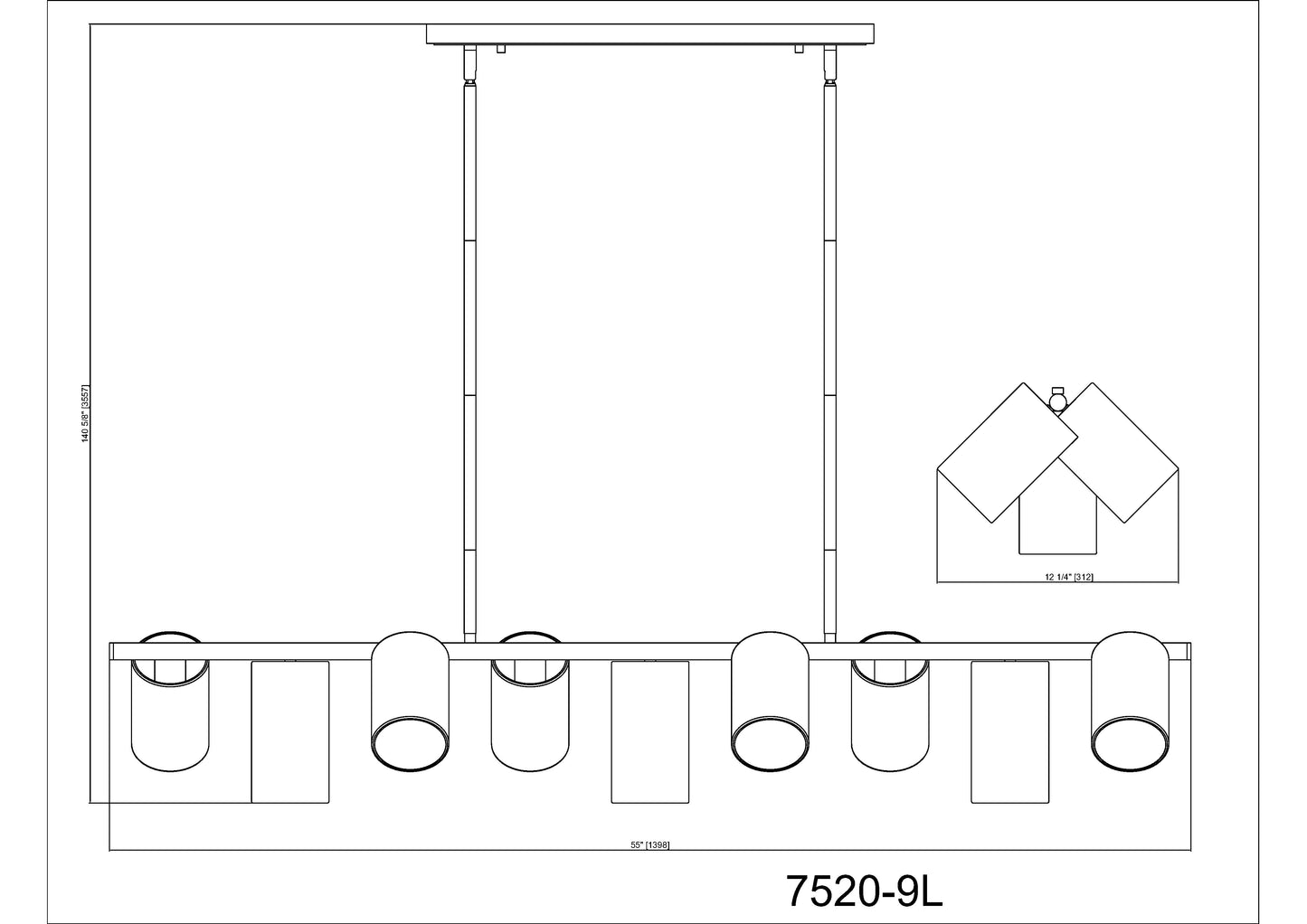 7520-9L-MGLD - Lumina 9 Light Linear 55" Chandelier - Modern Gold