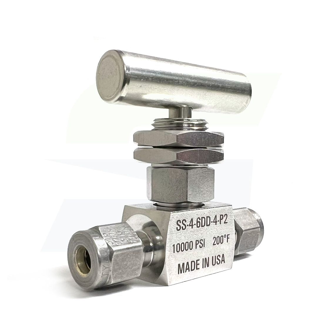 SS-4-6DD-4-P2 - Stainless Screwed Bonnet Needle Valve 1/4" CBC Tube x 1/4" CBC Tube, Panel Mount with 2 Nuts