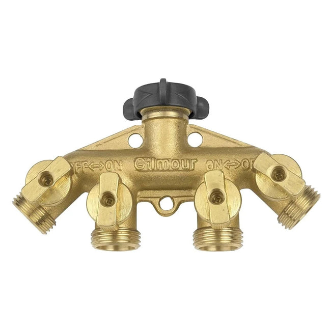 800444-1001 - 4 Way Brass Hose Adapter with Shut Offs