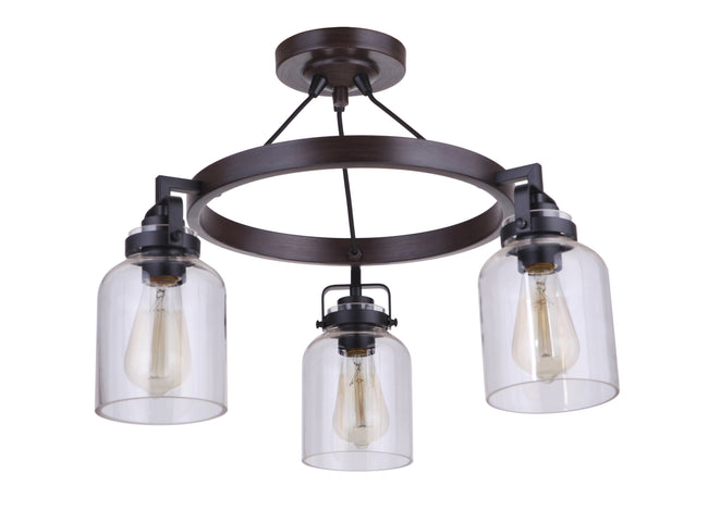 53653-FBDT - Foxwood 3 Light 22" Wide Semi Flush Mount - Flat Black / Dark Teak