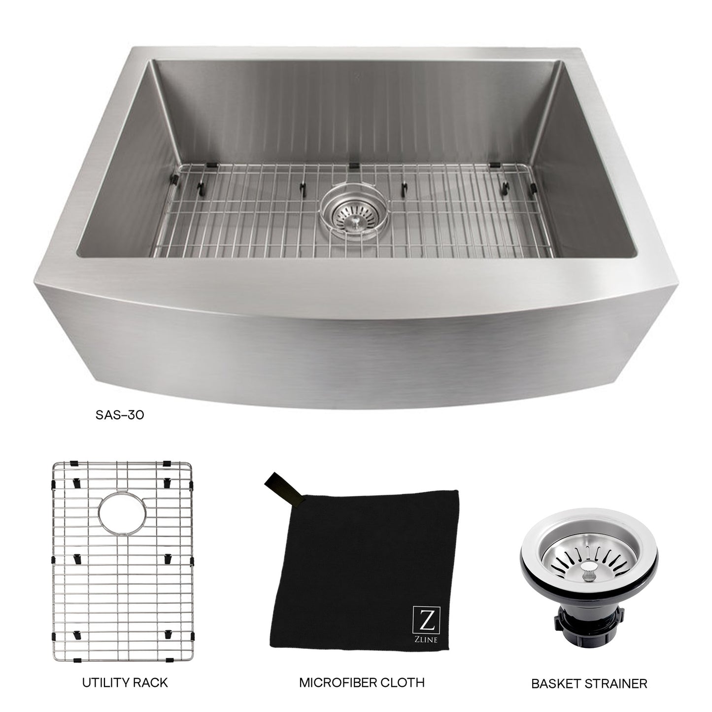 SAS-30 - 30" Zermatt Farmhouse Apron Mount Single Bowl Stainless Steel Kitchen Sink with Bottom Grid