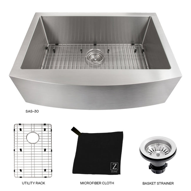 SAS-30 - 30" Zermatt Farmhouse Apron Mount Single Bowl Stainless Steel Kitchen Sink with Bottom Grid