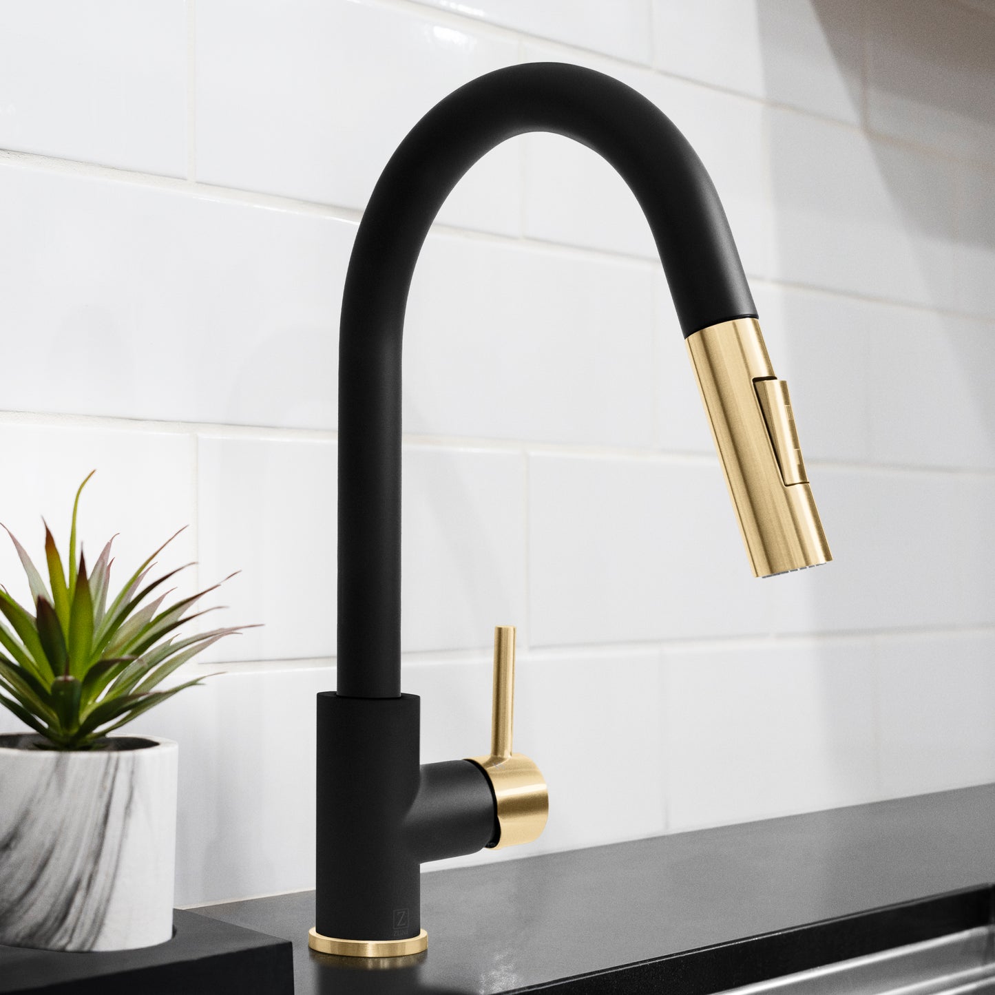 GEM-KF-ZMBCB - Autograph Edition Gemini Pull Down Single Handle Kitchen Faucet in Matte Black and Champagne Bronze