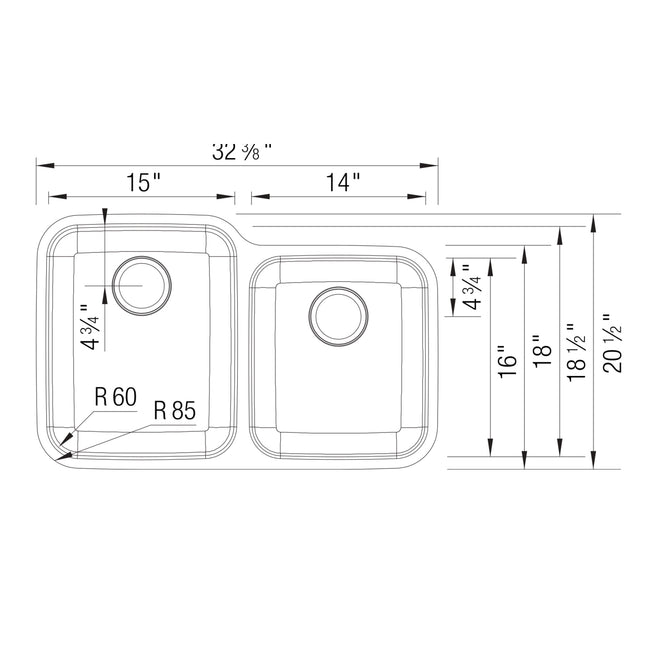 441023 - 32" Stellar 1-3/4 Dual Bowl Stainless Steel Undermount Kitchen Sink