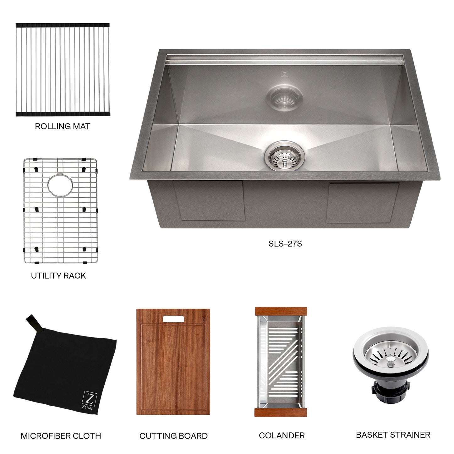 SLS-27S - 27" Garmisch Undermount Single Bowl Satin Stainless Steel Kitchen Sink with Bottom Grid and Accessories