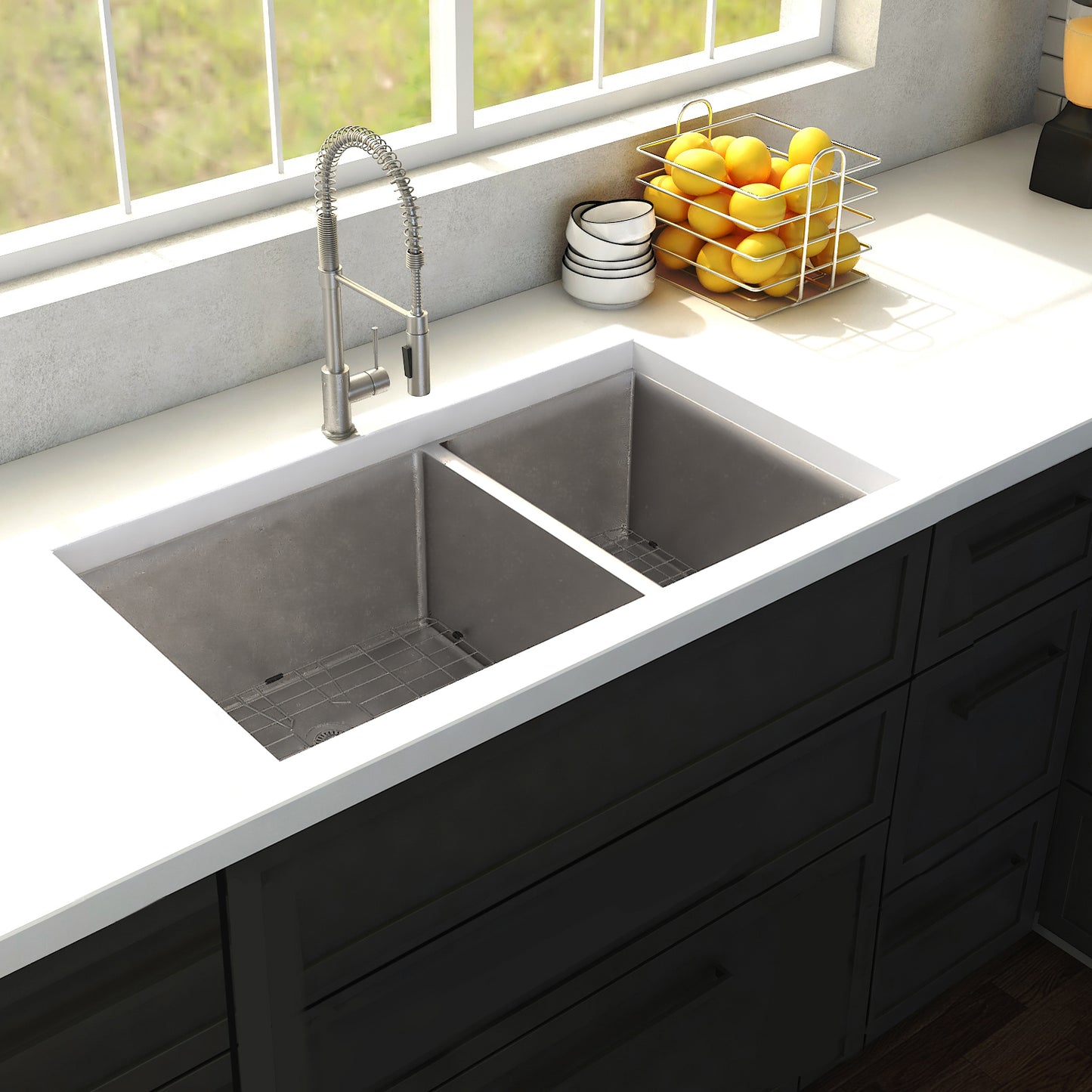 SR60D-36 - 36" Chamonix Undermount Double Bowl Stainless Steel Kitchen Sink with Bottom Grid